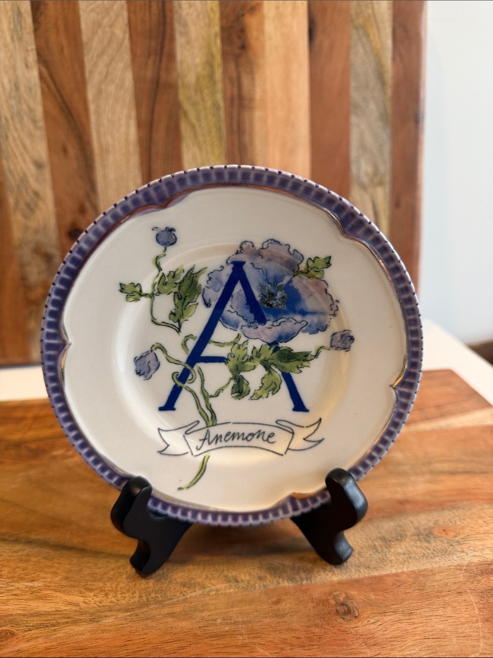 Anthropologie Letter A Anemone Accent Plate in Purple White Gold